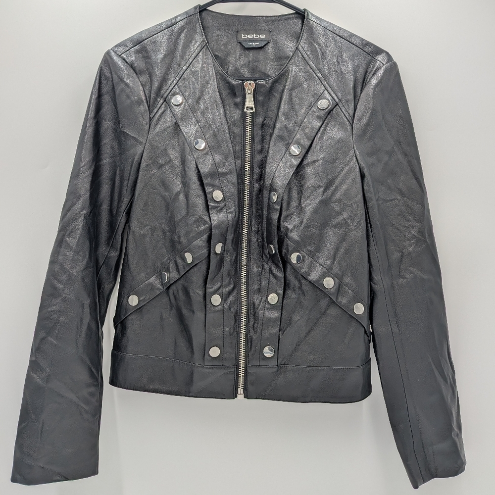 Bebe Metallic Faux Leather Moto jacket Black XS Full Zip Rocker Chic Edgy Glam
